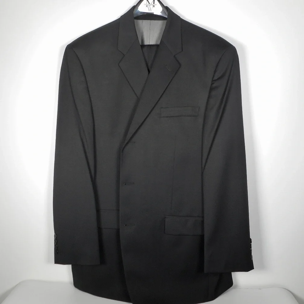 Calvin Klein Mens 43R Solid Black Suit 3 Button 100% Wool 40x30 Pant Flat XLNT
